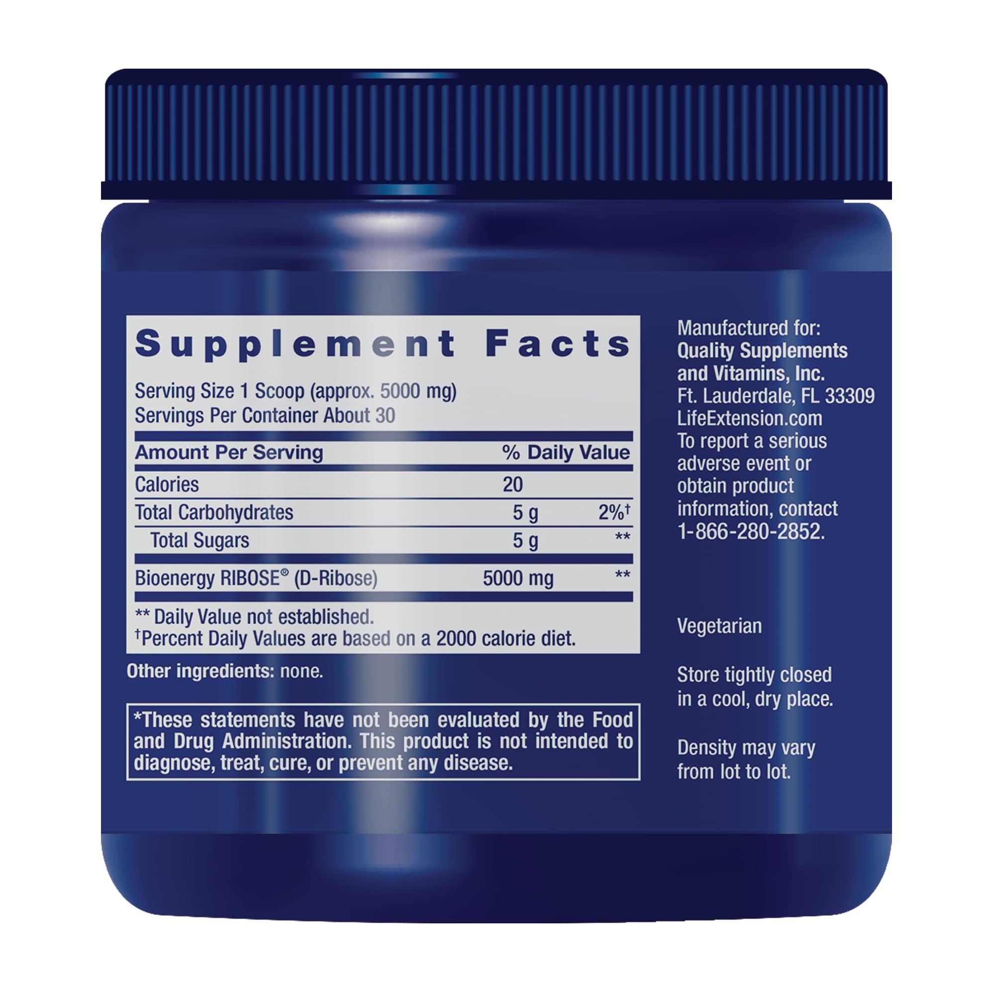 Life Extension D-Ribose powder blends smoothly into liquids for versatile use