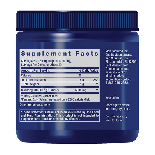 Life Extension D-Ribose powder blends smoothly into liquids for versatile use