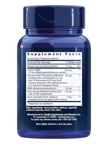 Close-up of Life Extension DHEA Complete capsules highlighting vegetarian formula.