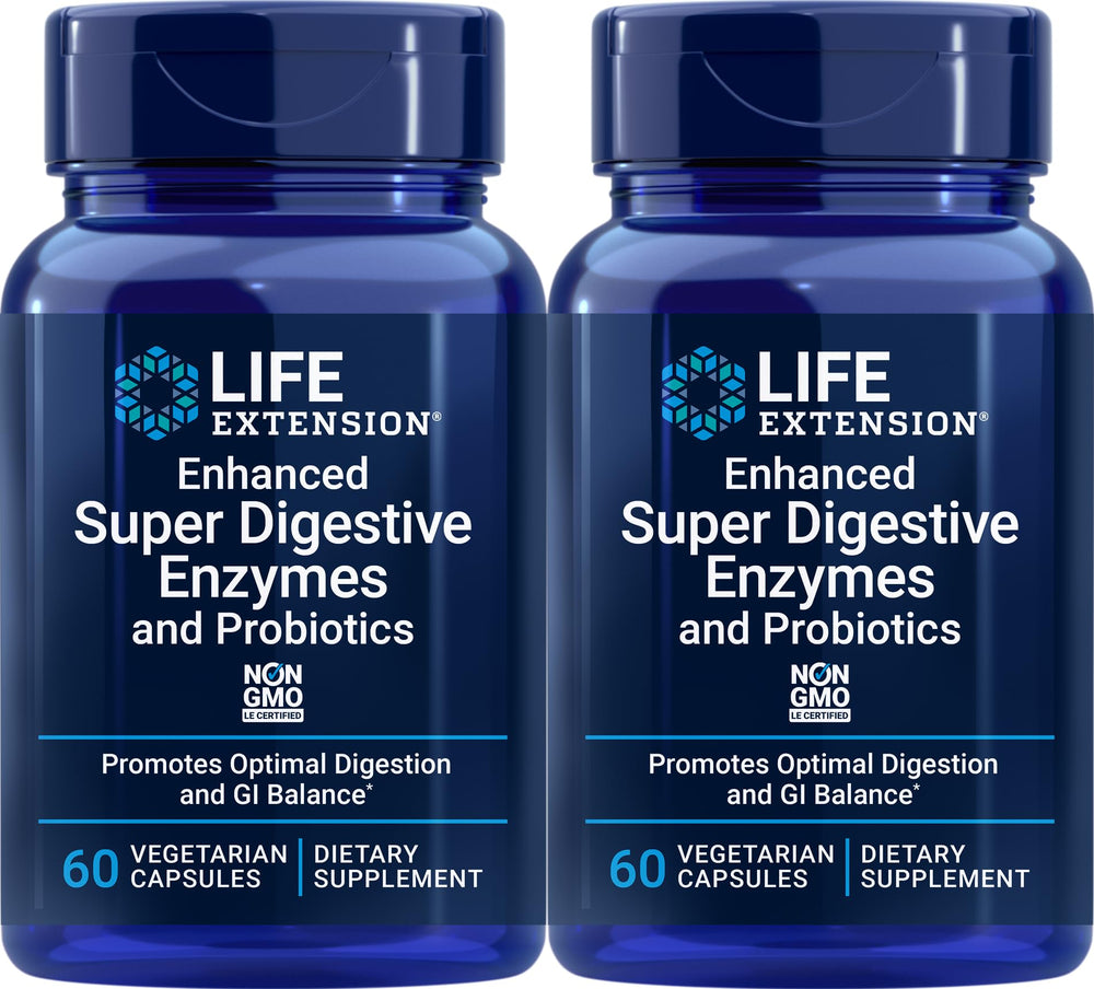 Life Extension Enhanced Super Digestive Enzymes and Probiotics bottle supports daily digestion of proteins and fats