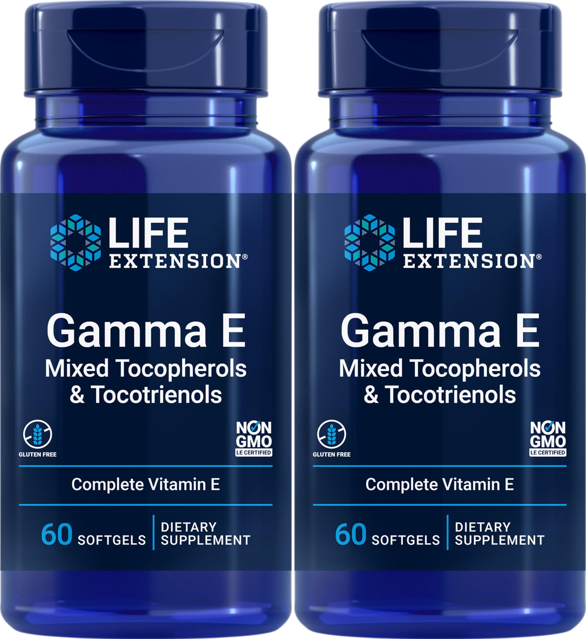 Life Extension Gamma E softgels bottle front, full-spectrum antioxidant support.