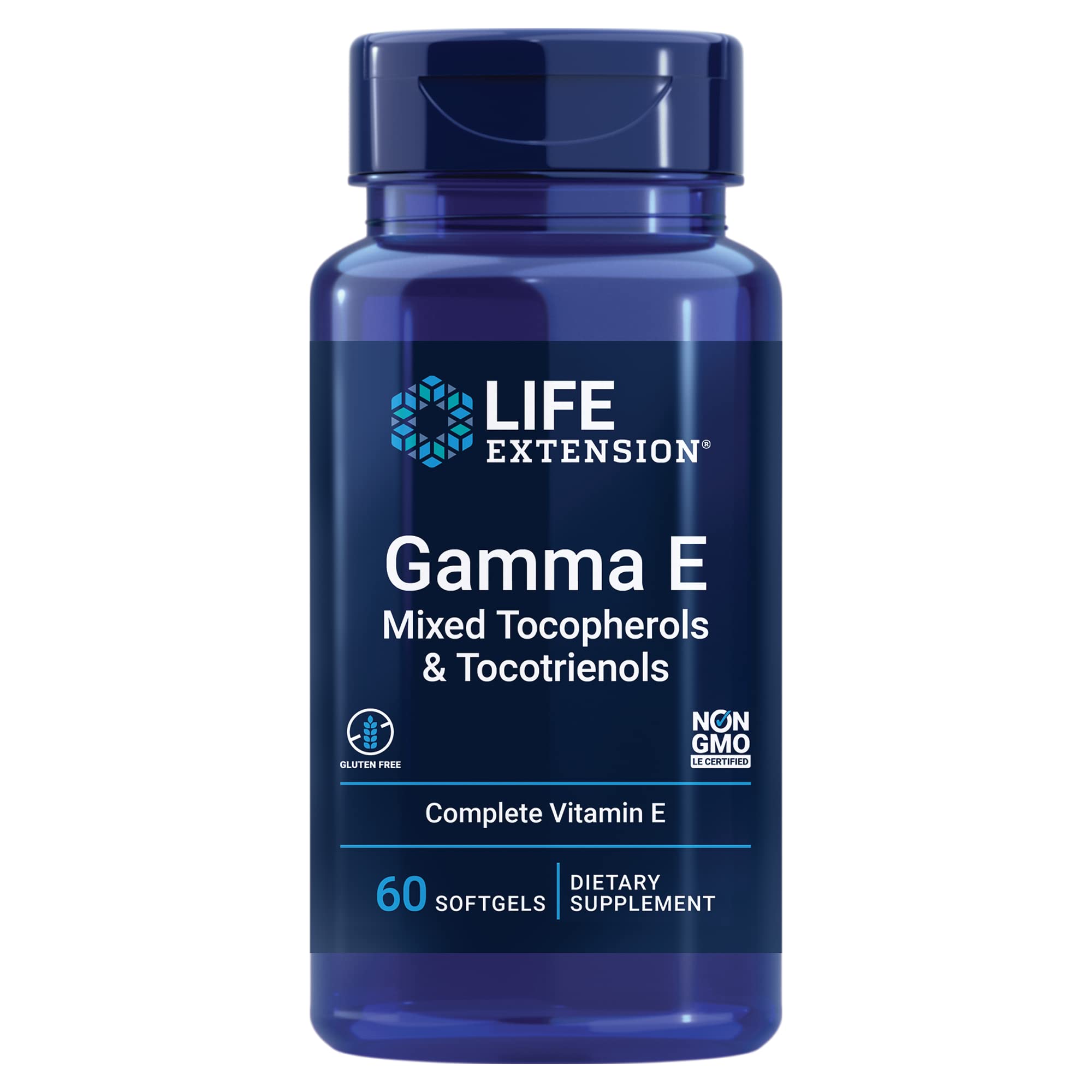 Life Extension Gamma E softgels bottle, full-spectrum vitamin E support for antioxidant protection.