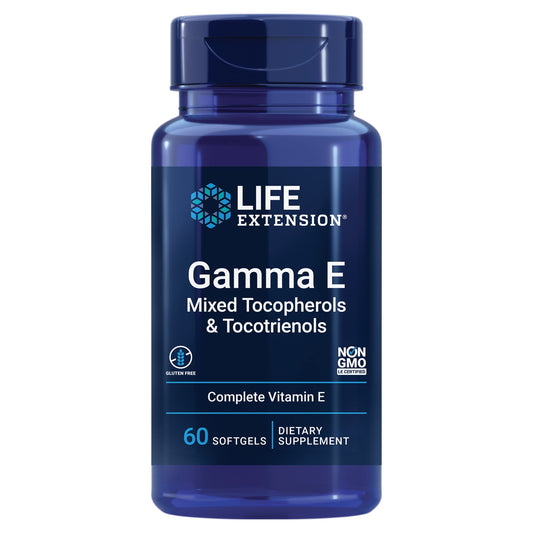 Life Extension Gamma E softgels bottle, full-spectrum vitamin E support for antioxidant protection.
