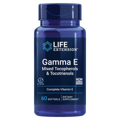 Life Extension Gamma E softgels bottle, full-spectrum vitamin E support for antioxidant protection.