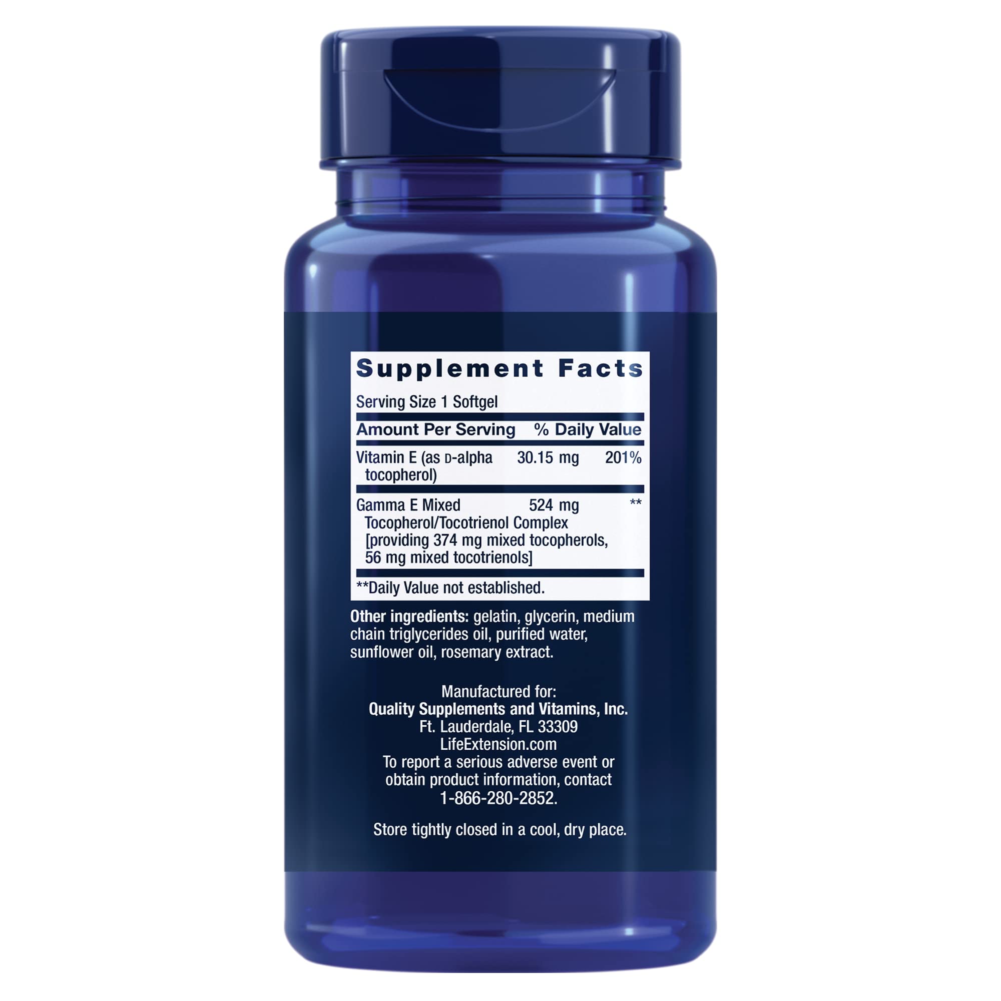 Life Extension Gamma E softgels label closeup highlights eight vitamin E forms.