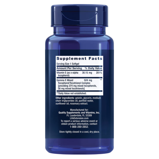 Life Extension Gamma E softgels label closeup highlights eight vitamin E forms.