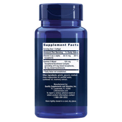 Life Extension Gamma E softgels label closeup highlights eight vitamin E forms.
