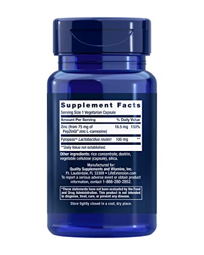 Life Extension Gastro-Ease bottle label with zinc L-carnosine and Pylopass details