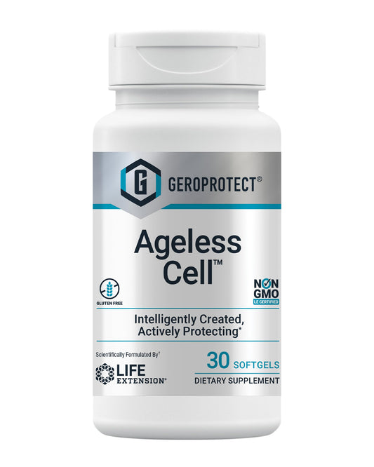 Life Extension GEROPROTECT Ageless Cell bottle highlighting cellular health support.