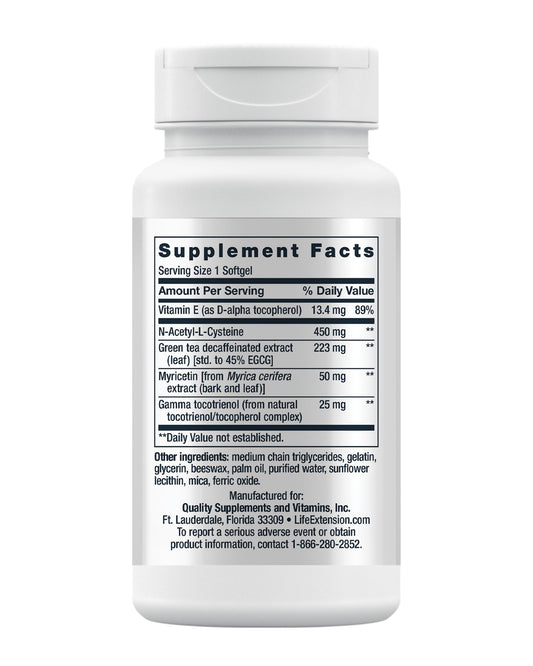 GEROPROTECT capsule close-up showing NAC and vitamin E ingredients for cellular health.