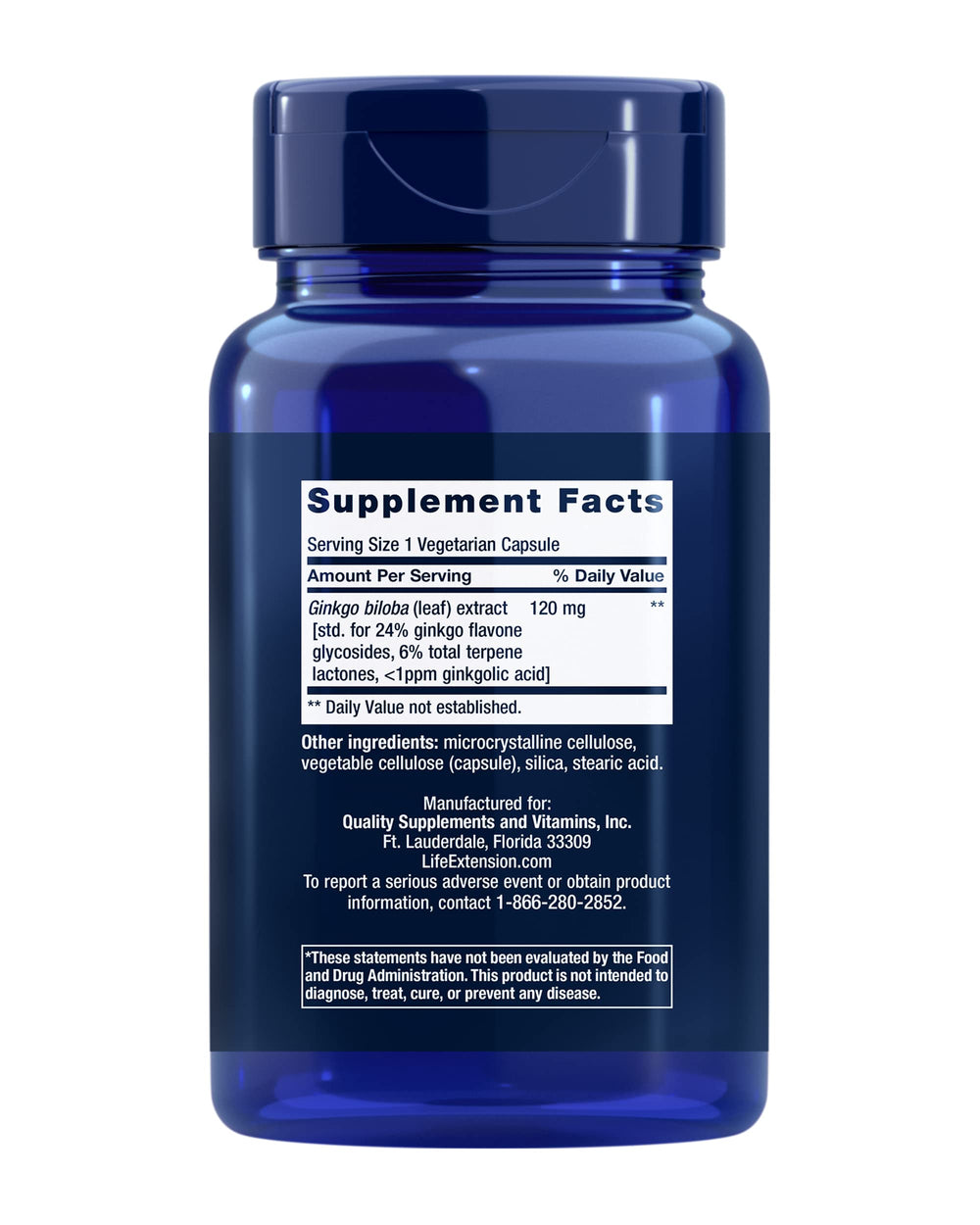 Life Extension Ginkgo Biloba label shows 120 mg per dose