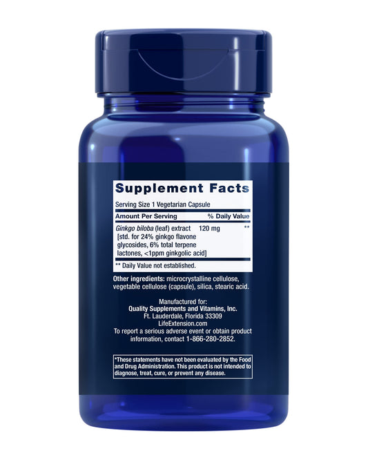 Life Extension Ginkgo Biloba label shows 120 mg per dose