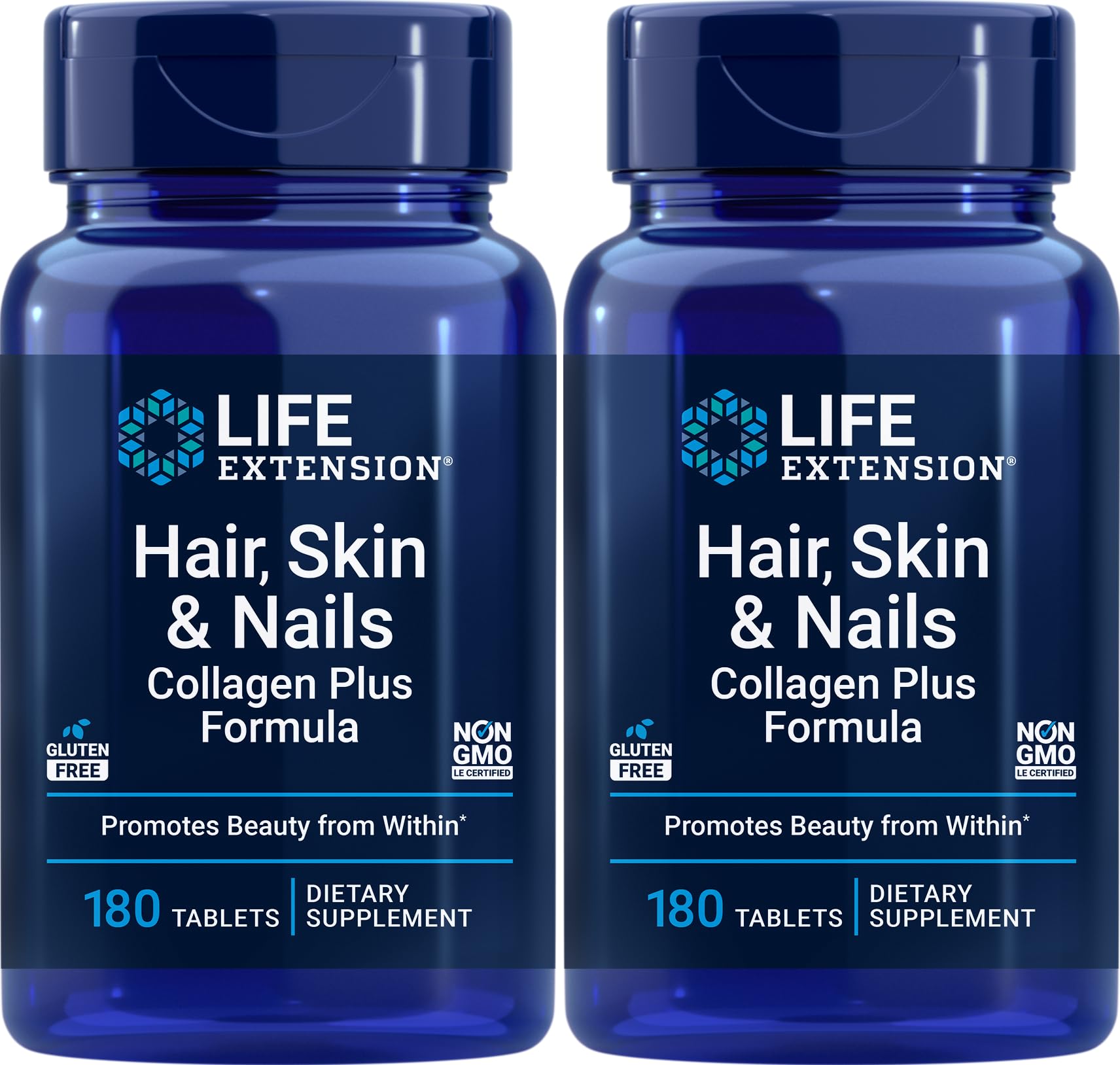 Life Extension Collagen Plus bottle front for healthier hair and nails.