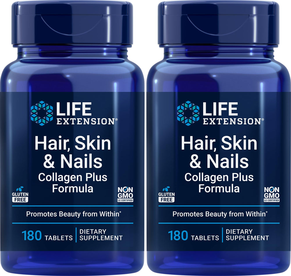 Life Extension Collagen Plus bottle front for healthier hair and nails.