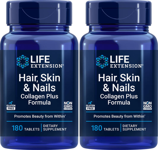 Life Extension Collagen Plus bottle front for healthier hair and nails.