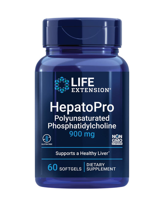 Life Extension HepatoPro bottle labeled 900 mg PPC for liver support