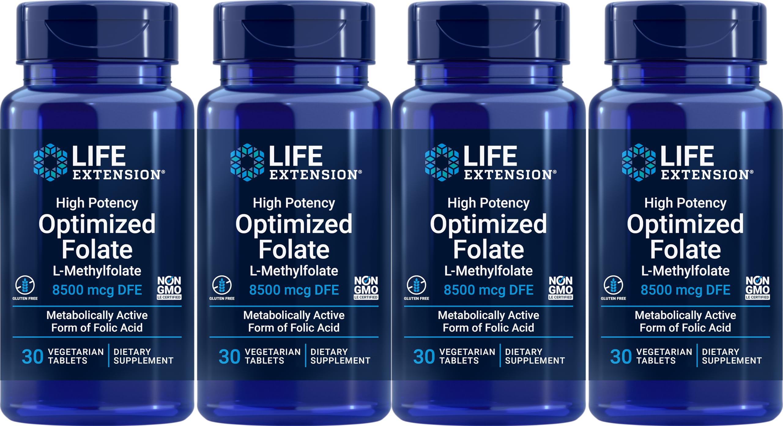 Life Extension High Potency Optimized Folate bottle front—daily folate support with meals.