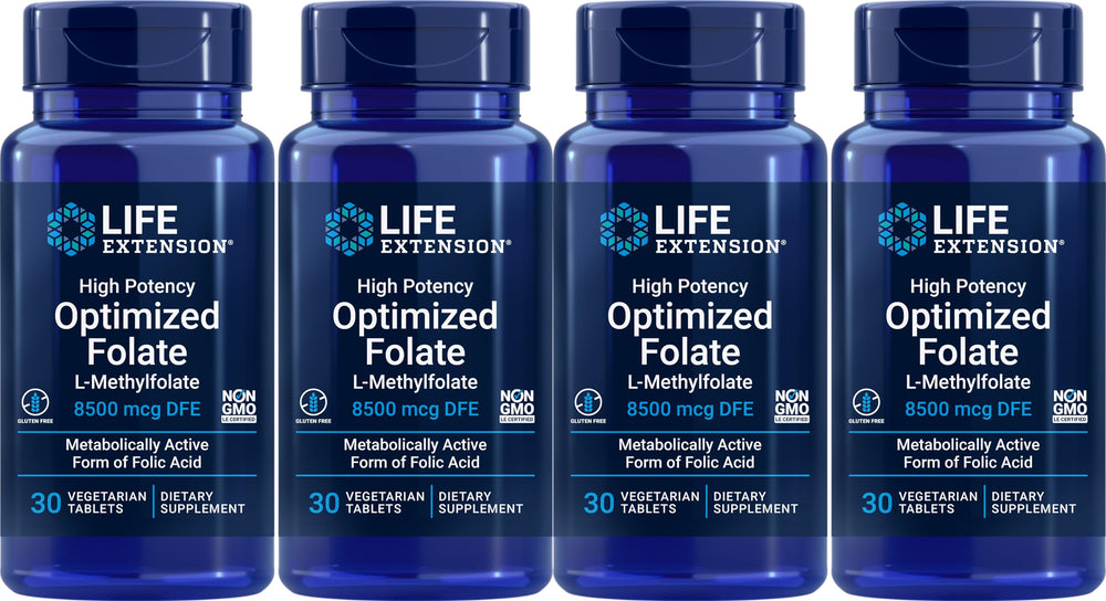 Life Extension High Potency Optimized Folate bottle front—daily folate support with meals.