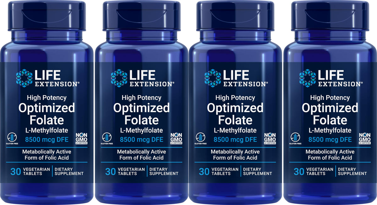 Life Extension High Potency Optimized Folate bottle front—daily folate support with meals.