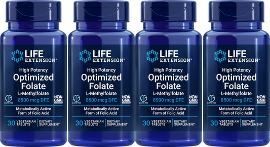 Life Extension High Potency Optimized Folate bottle front—daily folate support with meals.