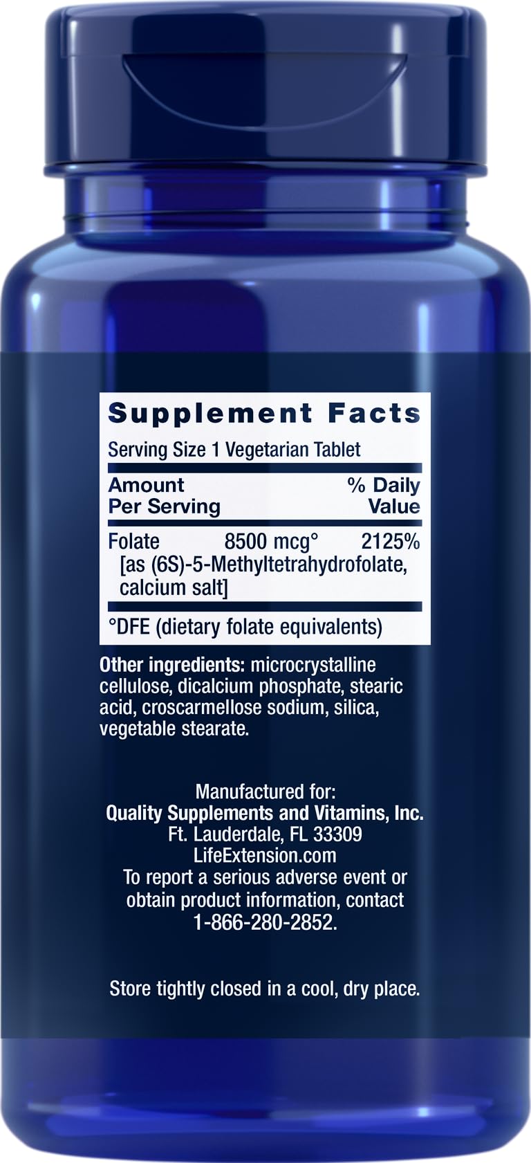 Life Extension High Potency Optimized Folate tablets inside bottle—vegetarian daily-use supplement.