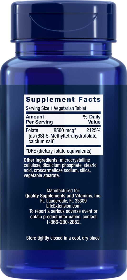 Life Extension High Potency Optimized Folate tablets inside bottle—vegetarian daily-use supplement.