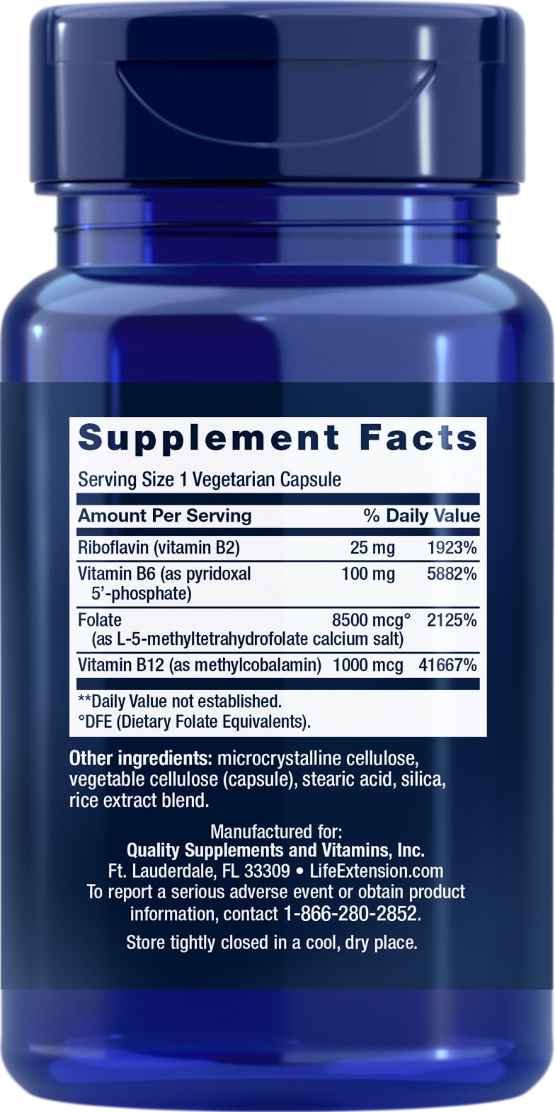 Life Extension Homocysteine Resist capsules close-up with label detailing B2, B6, B12, folate.