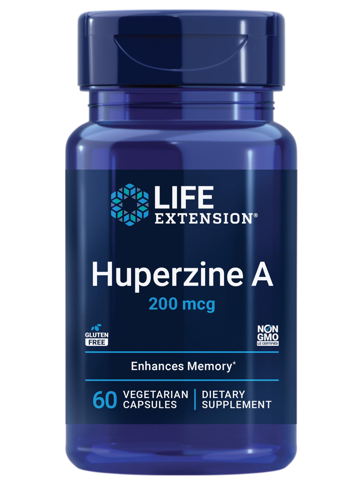 Life Extension Huperzine A capsules on white background for memory support.