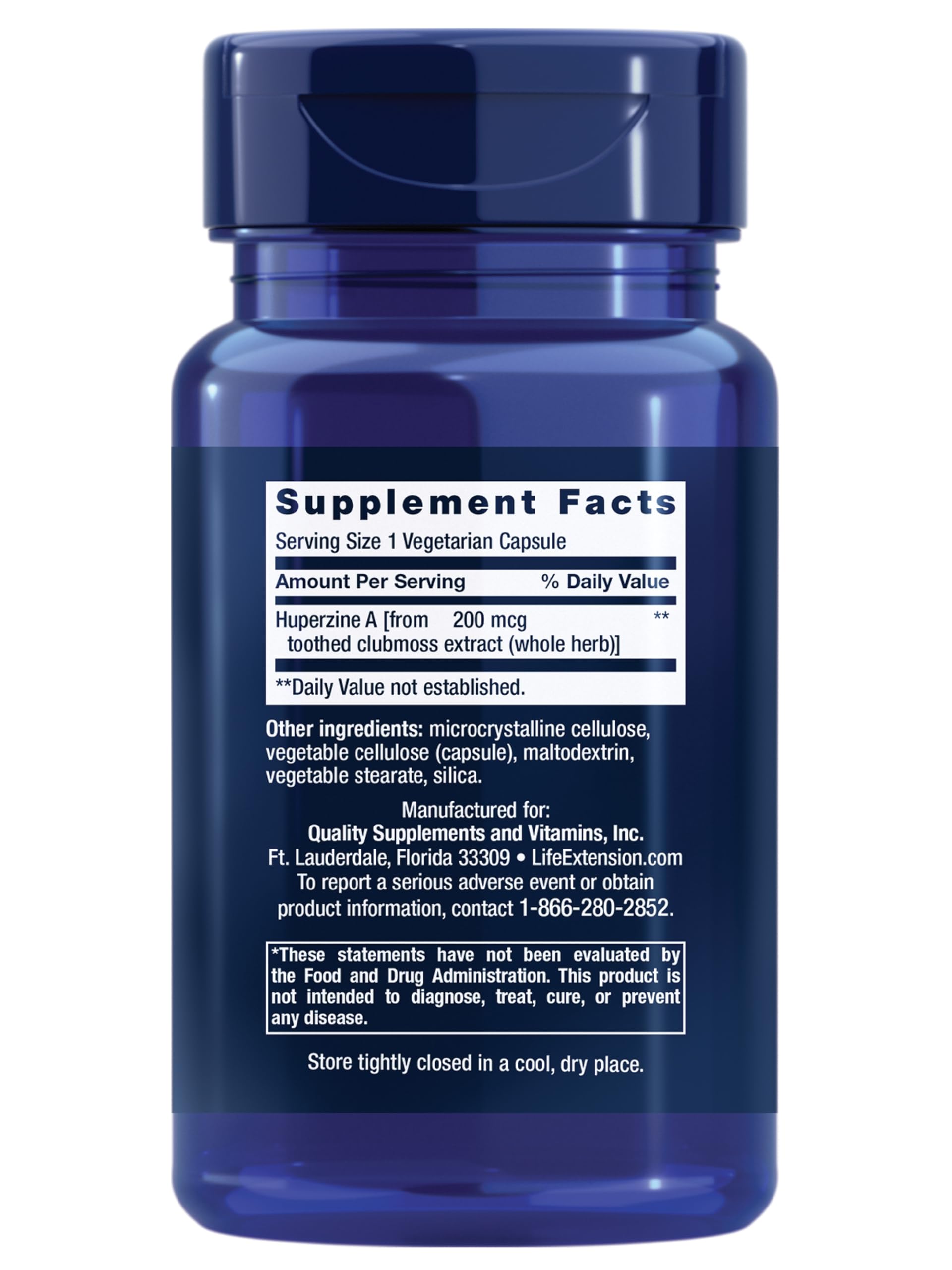 Life Extension Huperzine A glass bottle close-up highlighting quality and purity.