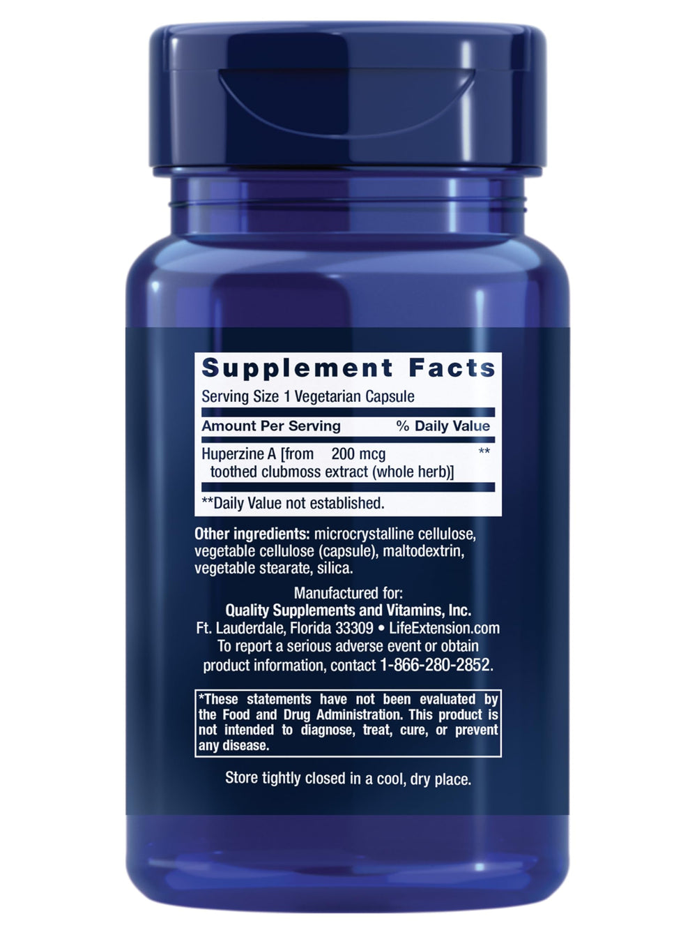 Life Extension Huperzine A glass bottle close-up highlighting quality and purity.