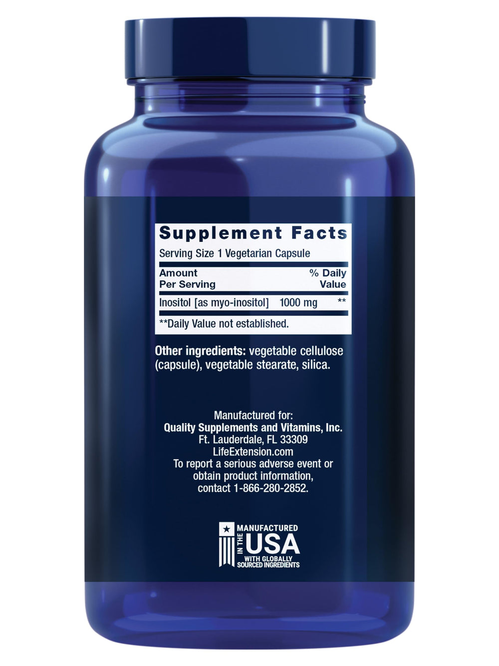 Life Extension Inositol Caps bottle back label with ingredient details and purity.