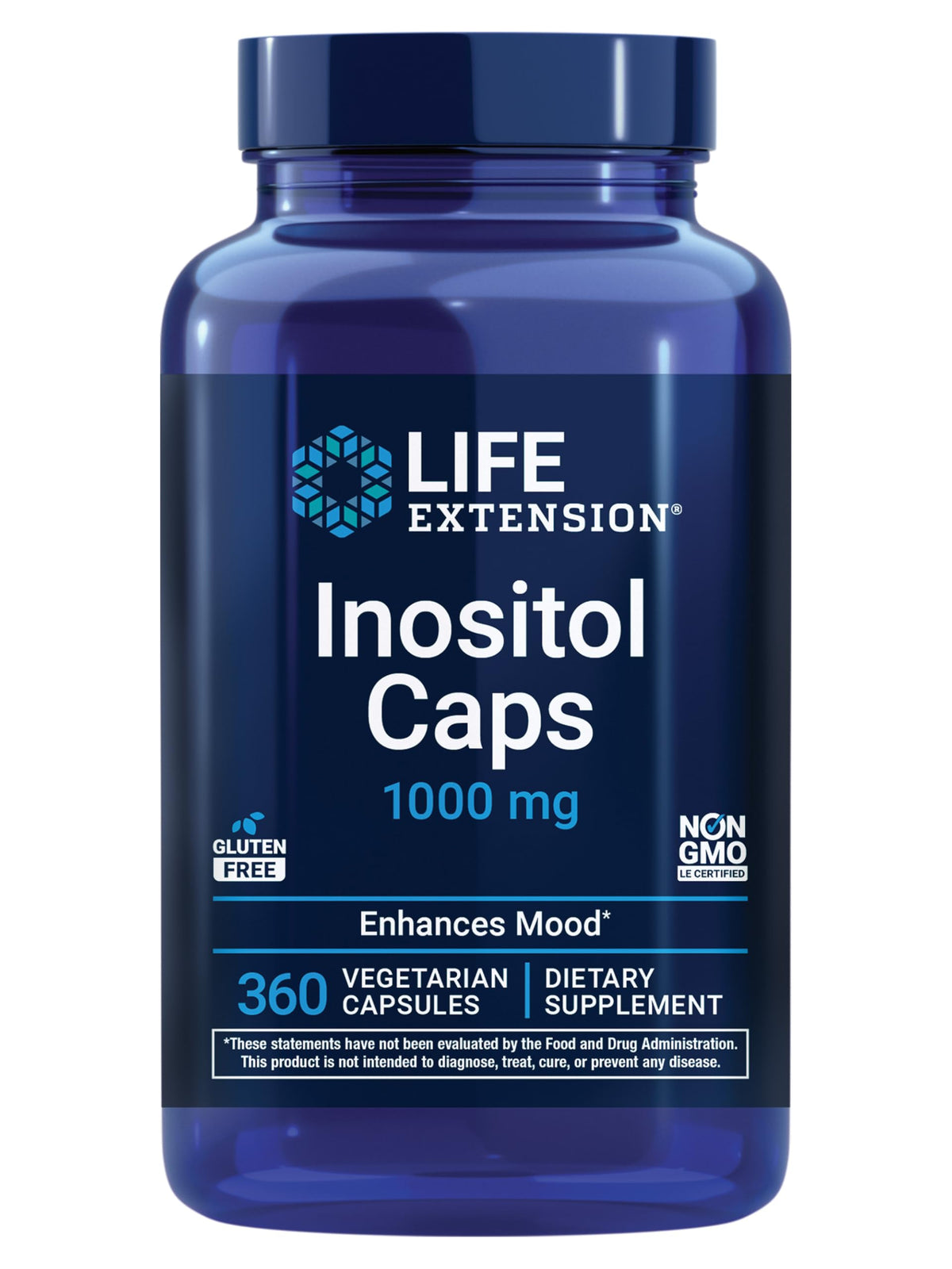 Life Extension Inositol Caps bottle front shows mood support and quality.