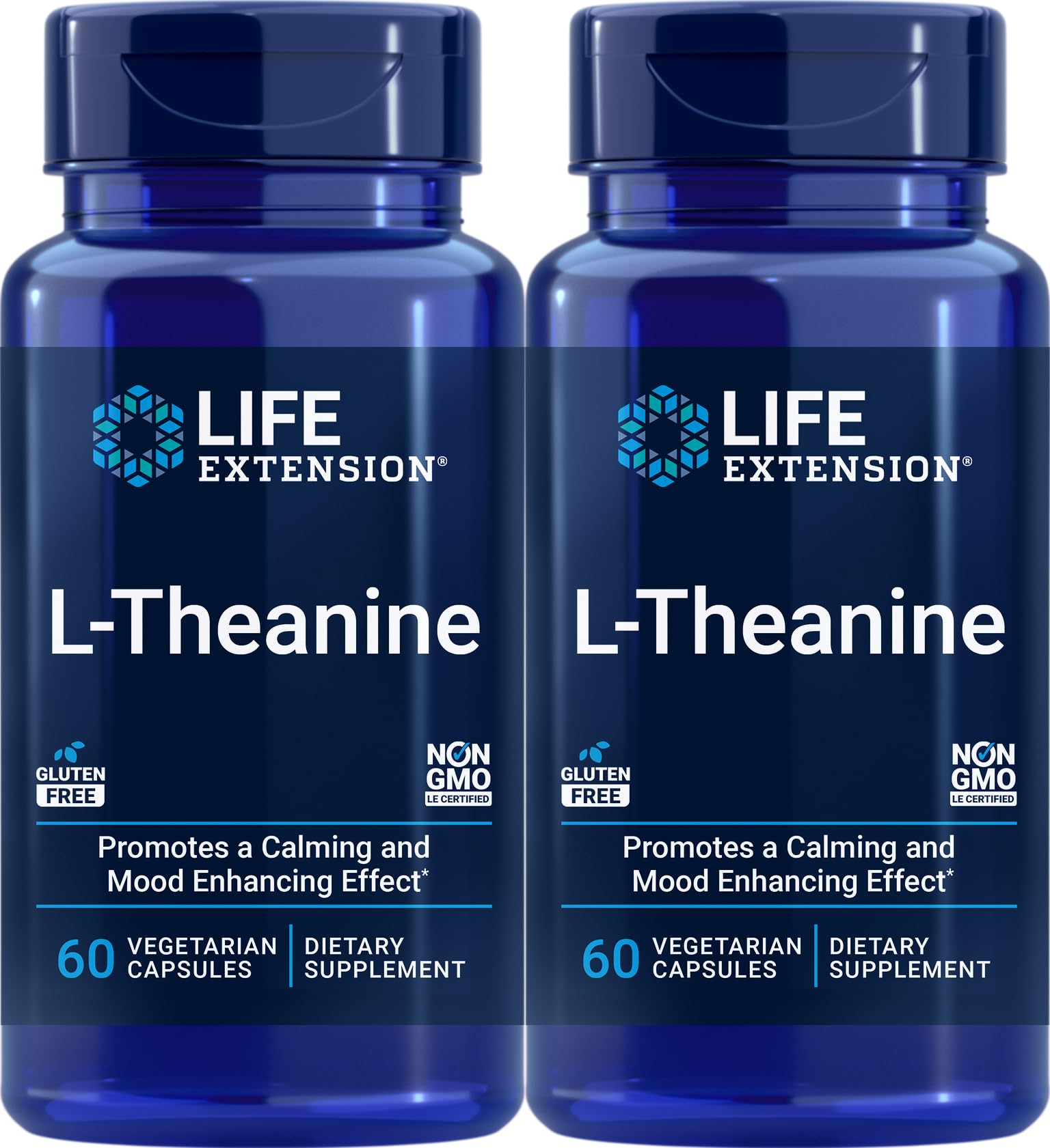 Life Extension L-Theanine bottle front view promoting calm and balanced mood.