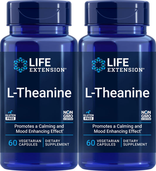 Life Extension L-Theanine bottle front view promoting calm and balanced mood.