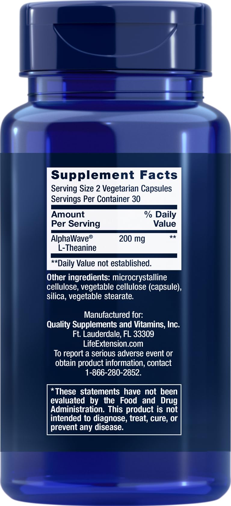 Life Extension L-Theanine label closeup highlighting pure ingredients for trusted use.