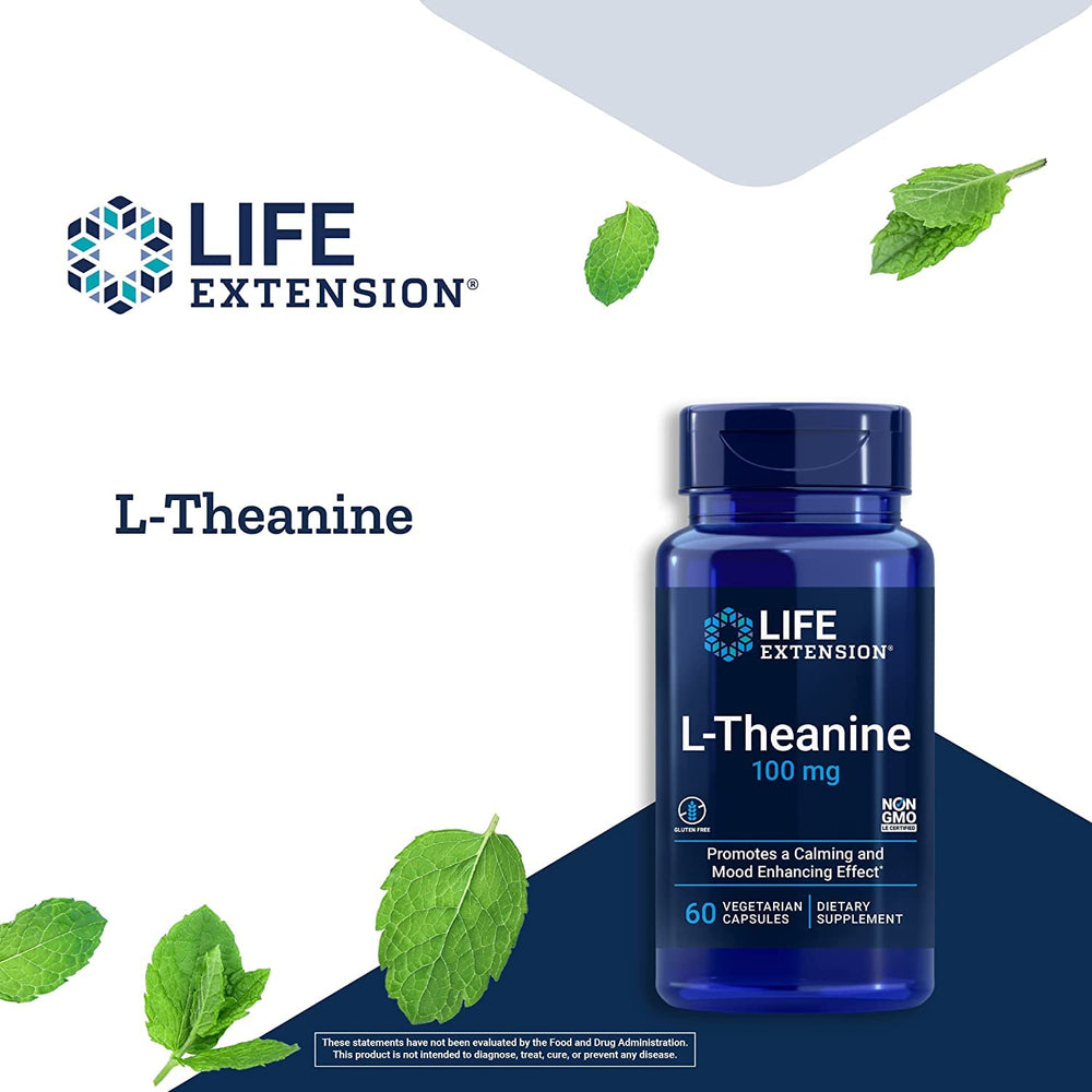 Life Extension L-Theanine vegetarian capsules offering calm, focused support.