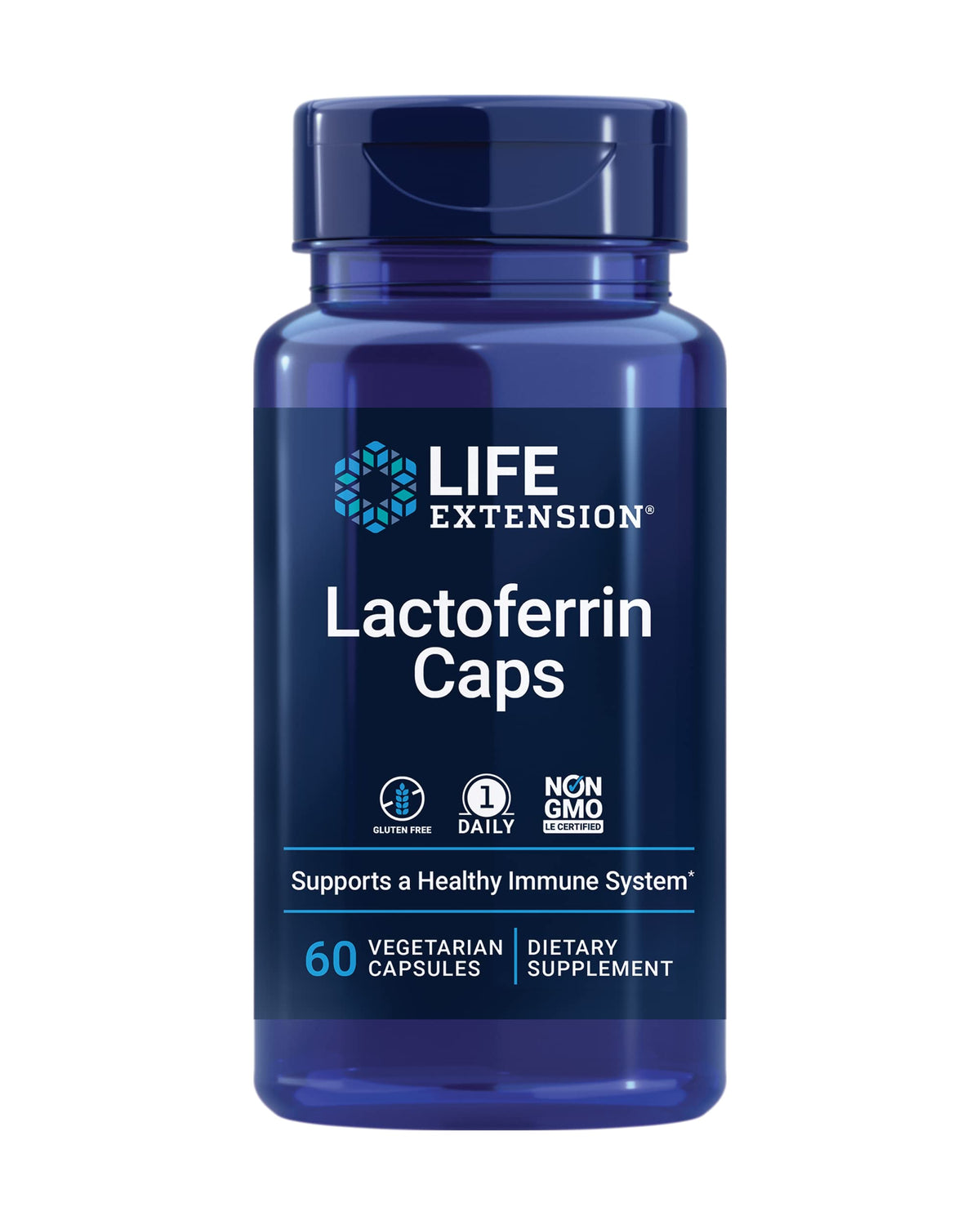 Life Extension Lactoferrin Caps bottle with 60 vegetarian capsules for daily immune support.
