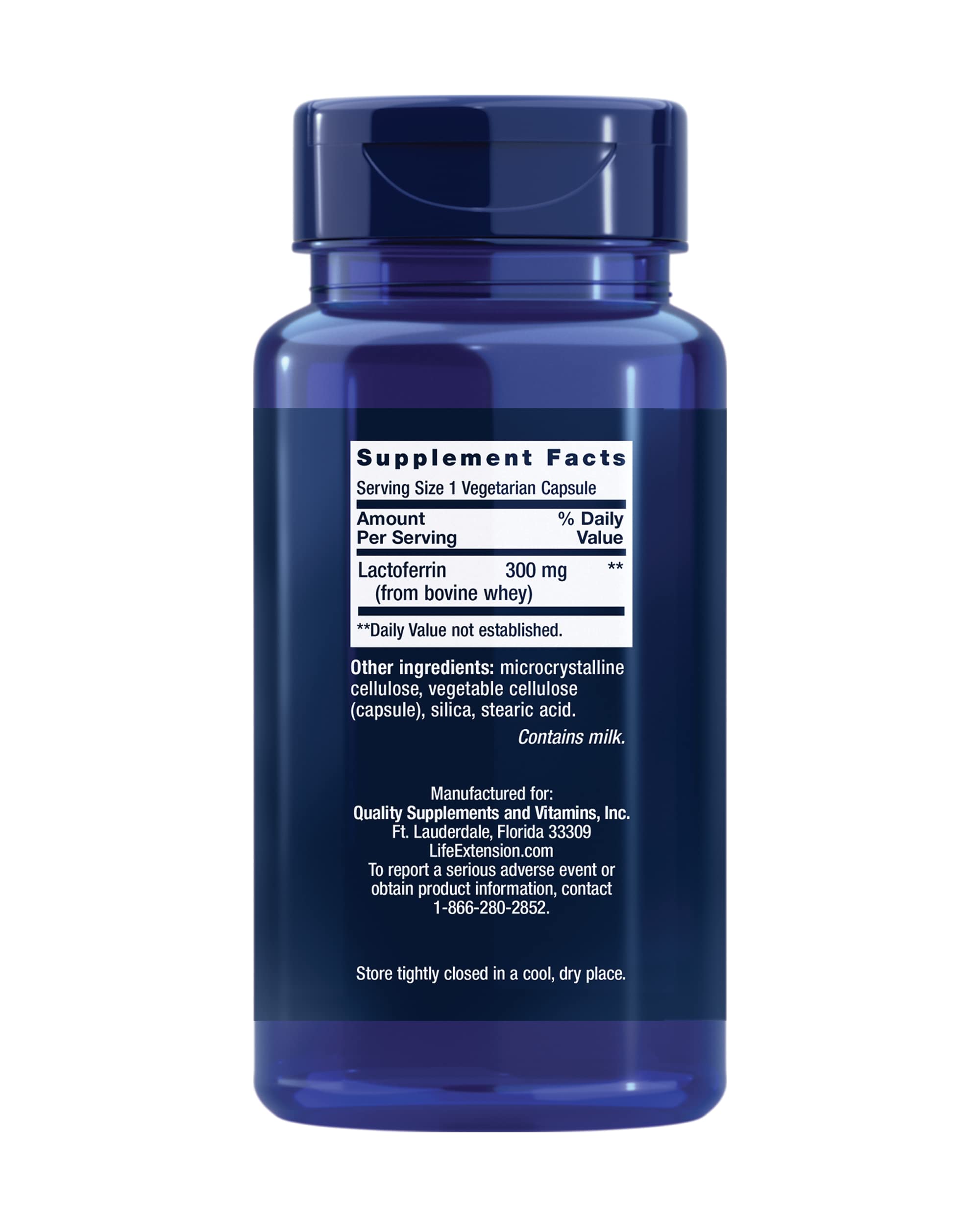 Packaging for Life Extension Lactoferrin Caps shows gluten-free and non-GMO formula.
