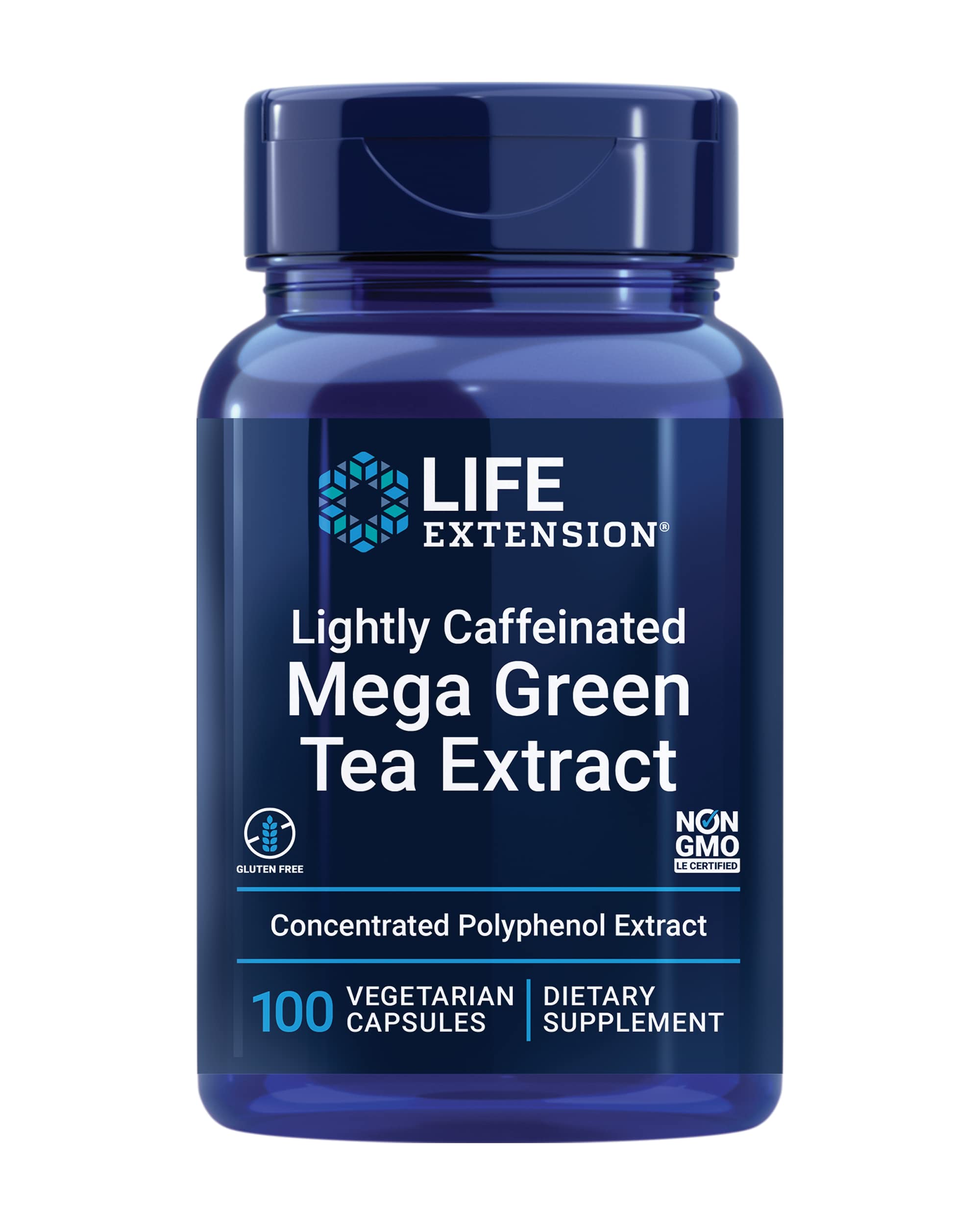 Life Extension Lightly Caffeinated Mega Green Tea Extract bottle with 100 vegetarian capsules for daily wellness