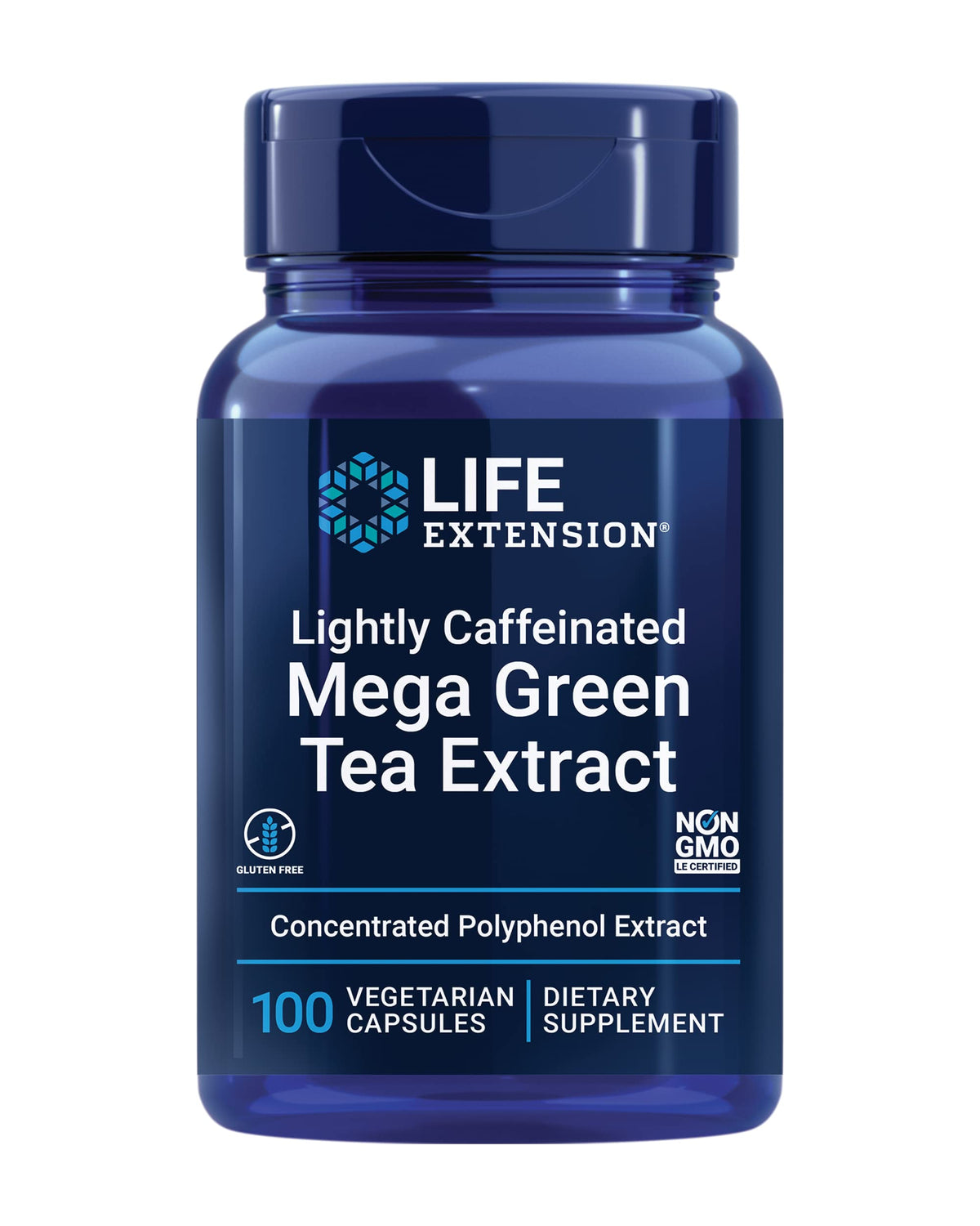 Life Extension Lightly Caffeinated Mega Green Tea Extract bottle with 100 vegetarian capsules for daily wellness