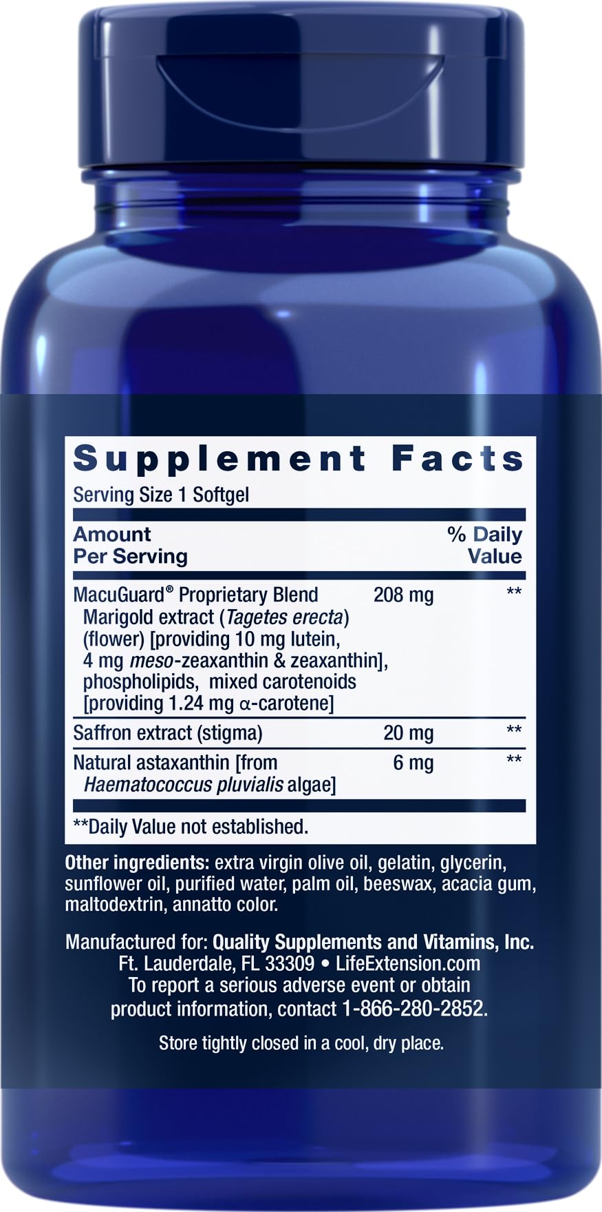 Life Extension MacuGuard bottle back label detailing eye health ingredients