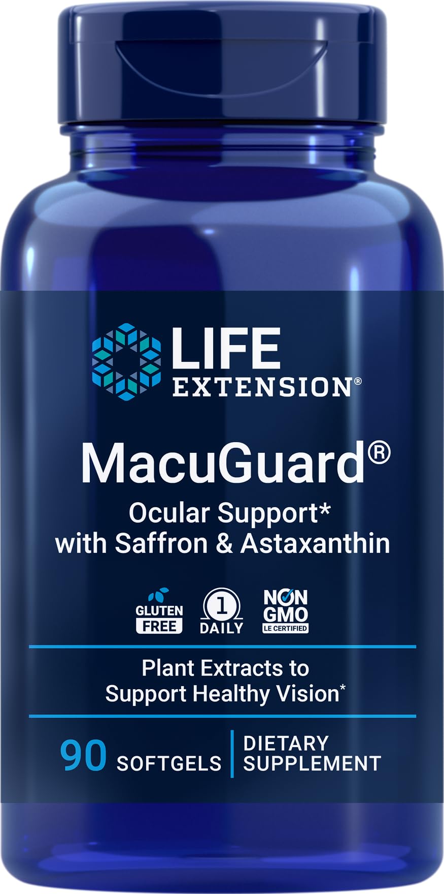 Life Extension MacuGuard ocular support bottle with saffron and astaxanthin for eye nutrition