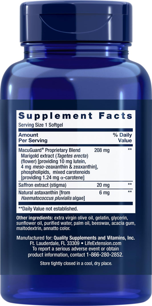 Closeup of Life Extension MacuGuard softgels for daily eye support