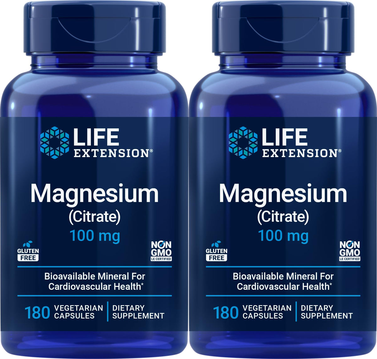 Life Extension Magnesium Citrate 100 mg bottle front promotes daily mineral support.