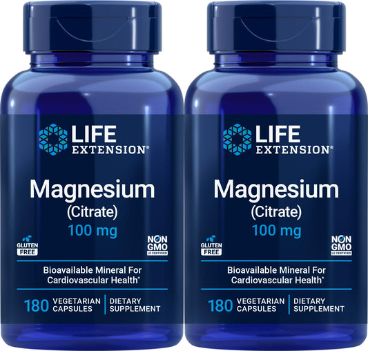 Life Extension Magnesium Citrate 100 mg bottle front promotes daily mineral support.
