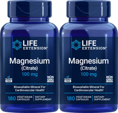 Life Extension Magnesium Citrate 100 mg bottle front promotes daily mineral support.