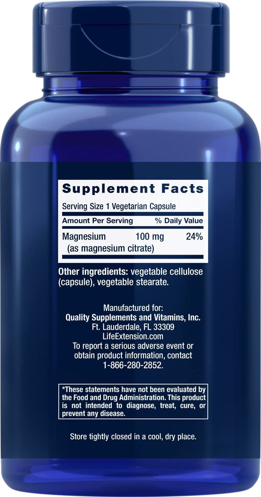 Life Extension Magnesium Citrate 100 mg capsules closeup shows vegetarian capsules.