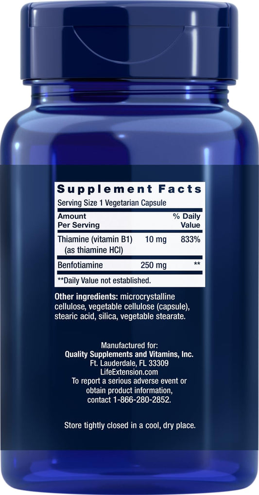 Life Extension Mega Benfotiamine 180 vegetarian caps arranged for daily supplementation.