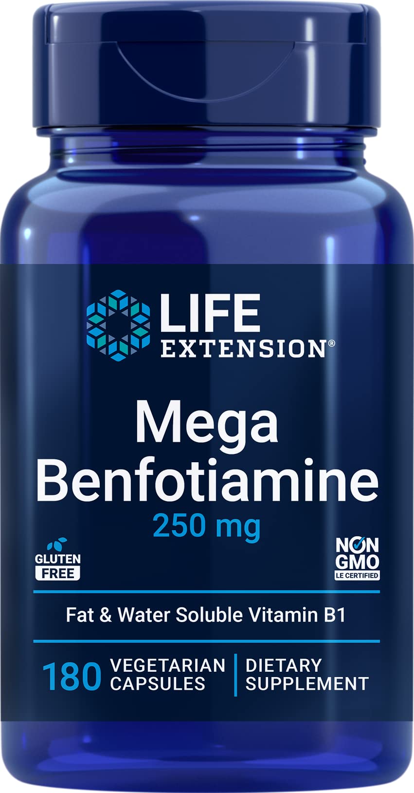 Life Extension Mega Benfotiamine 250mg bottle highlights fat-soluble B1 delivery for better uptake.