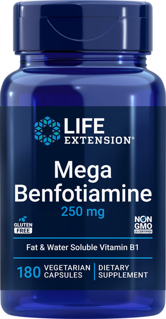 Life Extension Mega Benfotiamine 250mg bottle highlights fat-soluble B1 delivery for better uptake.